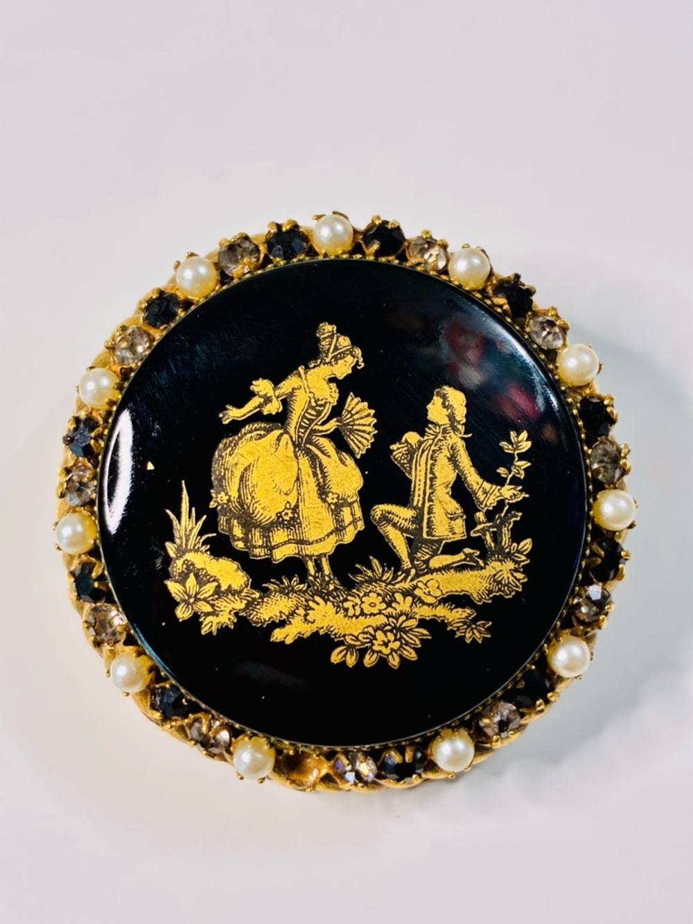 VTG Original By Robert Black and Gold Enamel Brooch with Pearls Lovers Rococo